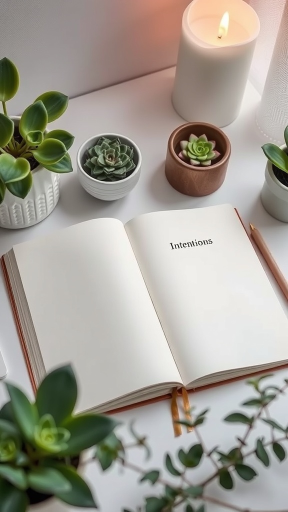 An open notebook with the word 'Intentions' surrounded by plants and a candle.