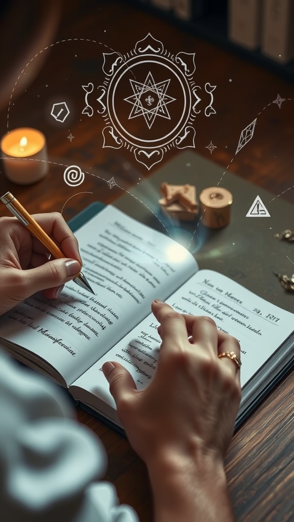 A person writing in a notebook with a candle and mystical symbols around them.