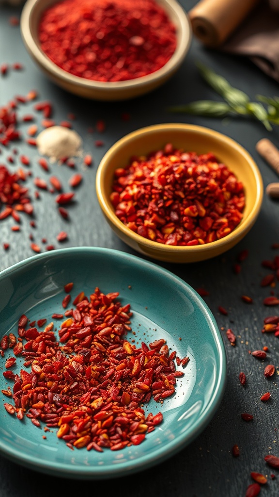 A colorful display of sumac spice in bowls, showcasing its vibrant red color and texture.