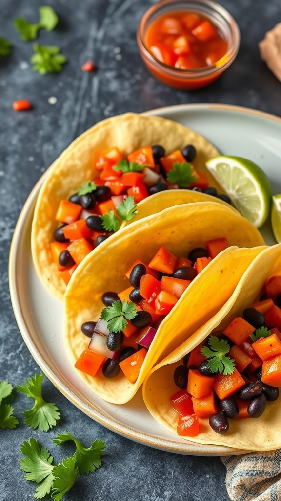 Three sweet potato and black bean tacos filled with fresh diced peppers and herbs.
