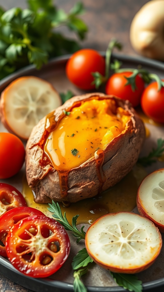 A baked sweet potato topped with a vibrant yolk, surrounded by fresh tomatoes and herbs.