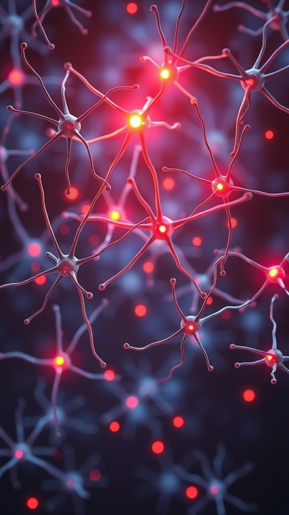 A close-up view of interconnected neurons glowing with activity, illustrating synaptic connections in the brain.