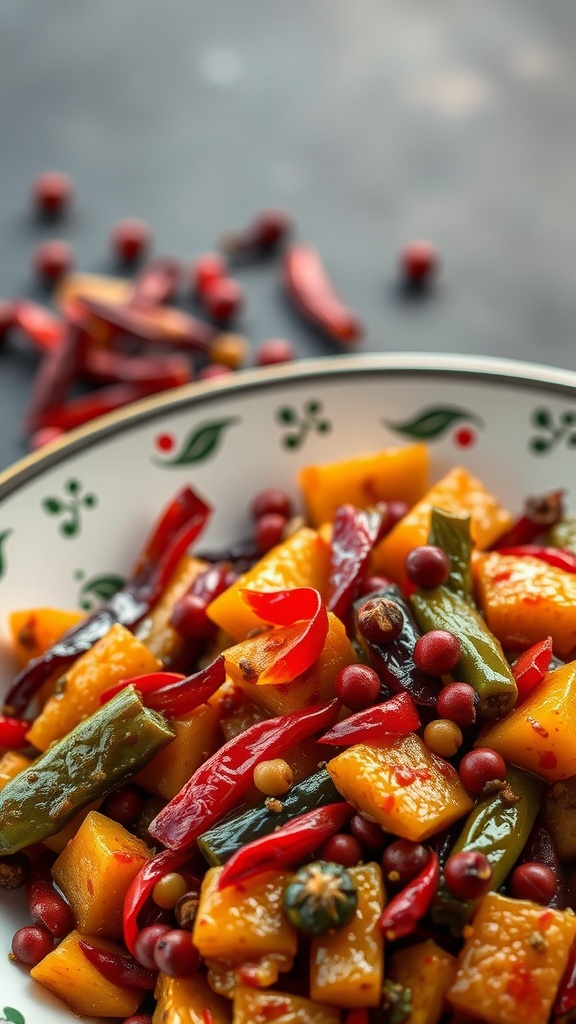 A colorful dish featuring Szechuan peppercorns and assorted vegetables.