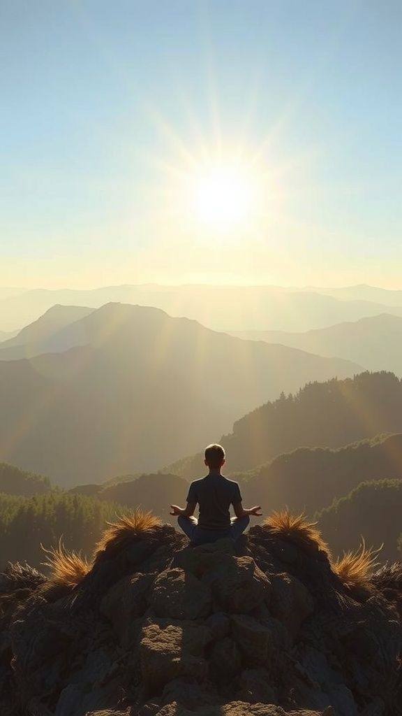 A person meditating on a rocky outcrop during sunrise, surrounded by mountains.
