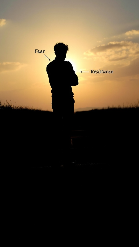 A silhouette of a person standing against a sunset, with arrows pointing to 'Fear' and 'Resistance'.