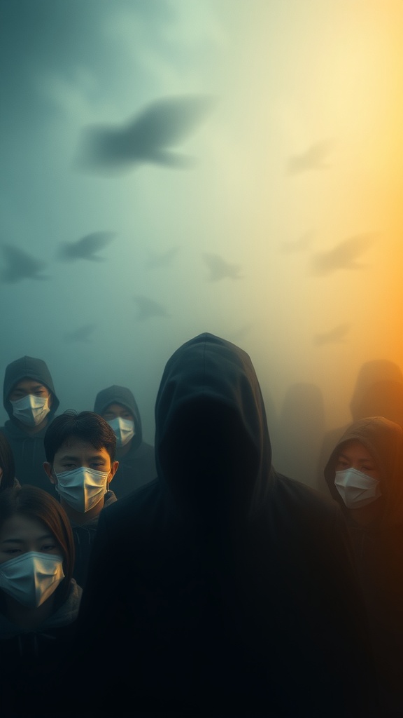 A group of masked individuals in a foggy setting, with one cloaked figure at the front.
