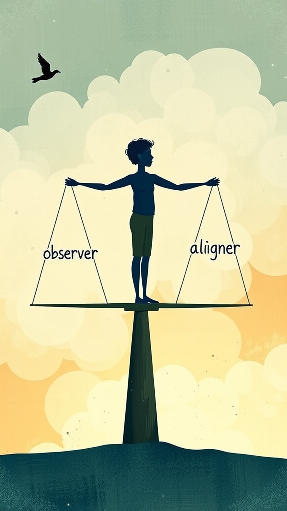 A person holding scales labeled 'observer', symbolizing self-awareness and personal growth.