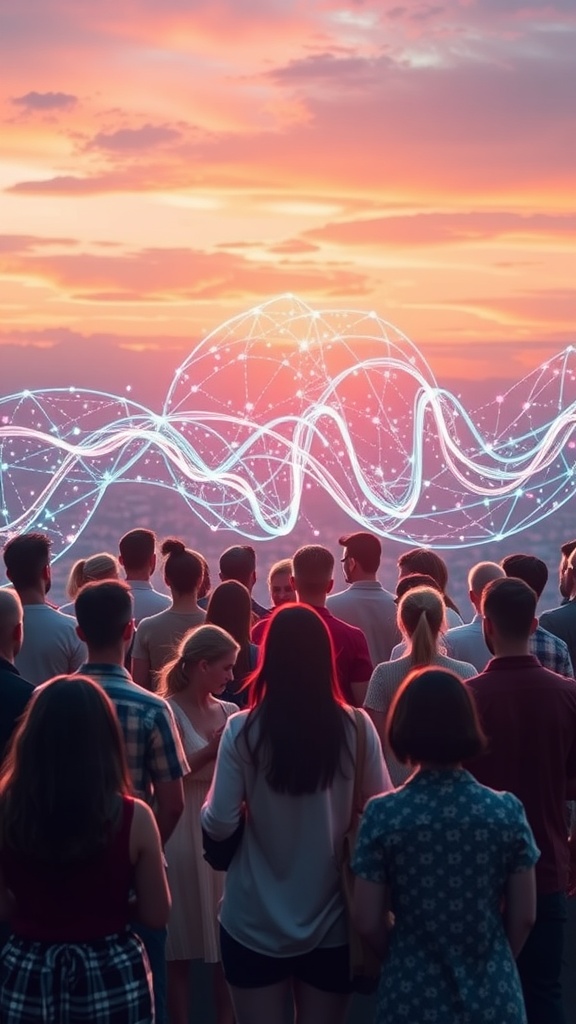 A crowd of people watching a sunset, symbolizing connection and shared energy.