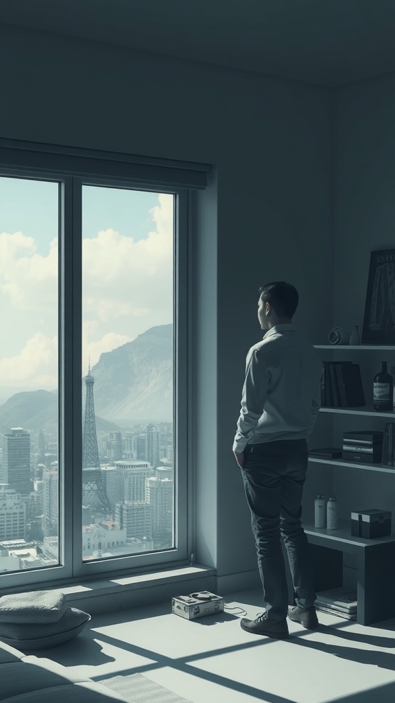 A person looking out a window at a cityscape featuring the Eiffel Tower, symbolizing the contrast between desire and reality.