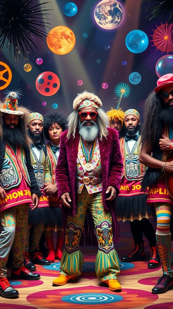 A colorful group of musicians in funky outfits, representing the spirit of funk music.
