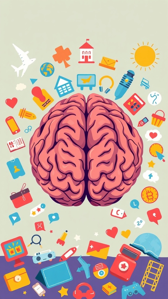 A colorful illustration of a brain surrounded by various icons representing different activities and experiences.