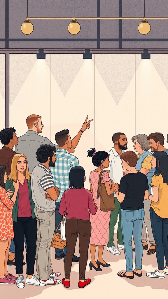 A group of people engaged in conversation, with one person animatedly speaking and pointing.