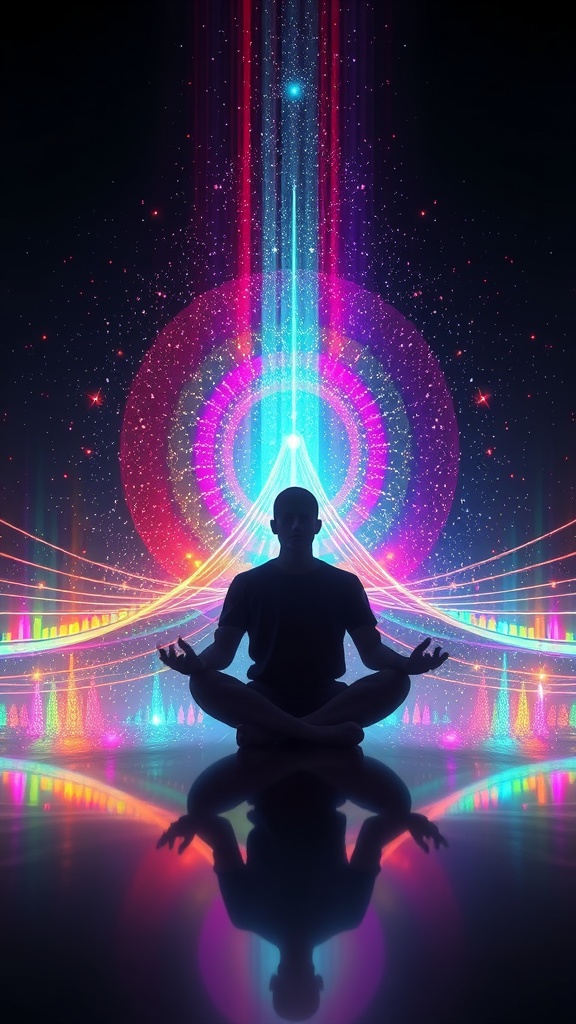 A meditating figure surrounded by colorful waves of light, symbolizing vibrational frequency and perception.
