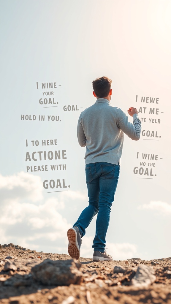 A person walking towards the horizon with motivational text about goals surrounding them.