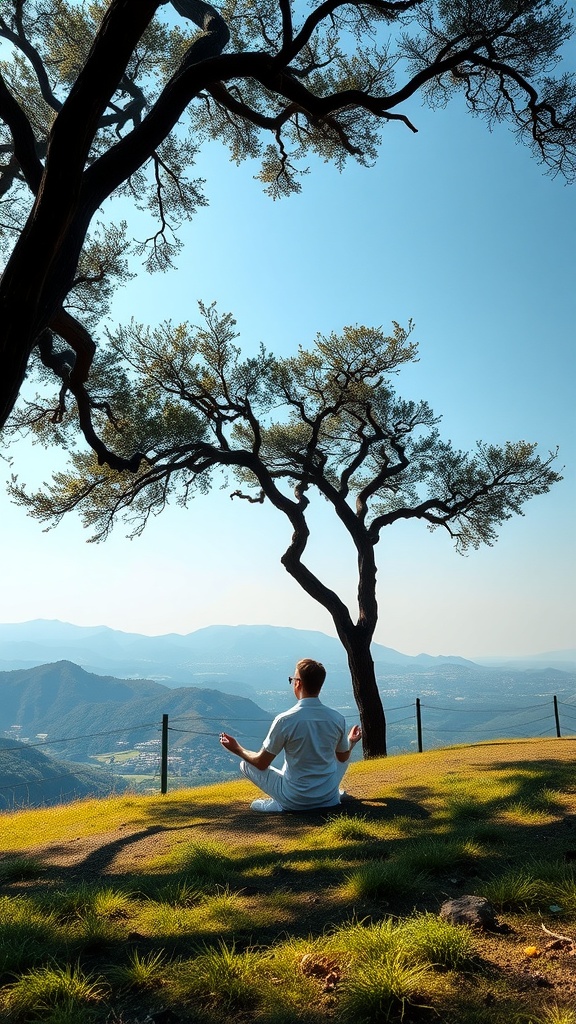 A person meditating on a hilltop surrounded by trees and mountains under a clear blue sky.
