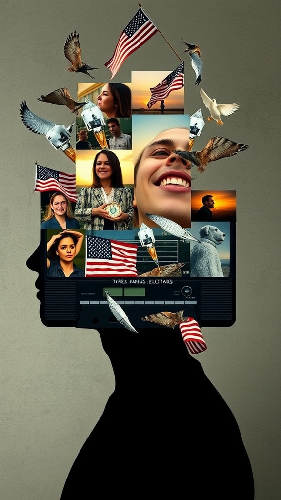 A silhouette of a head filled with images representing various influences, showcasing the concept of the subconscious mind as a tape recorder.