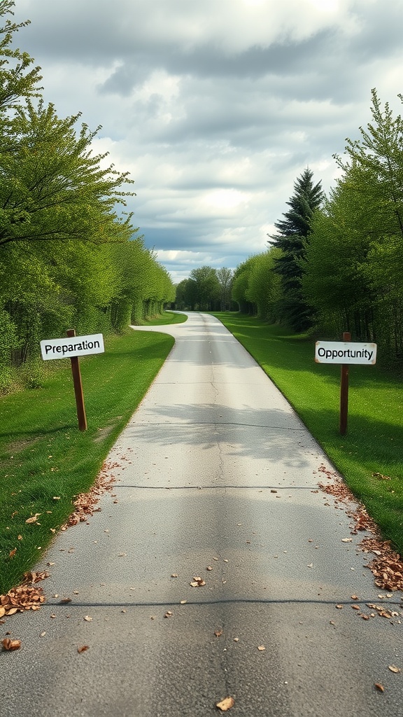 A road with signs reading 'Preparation' and 'Opportunity' surrounded by greenery.