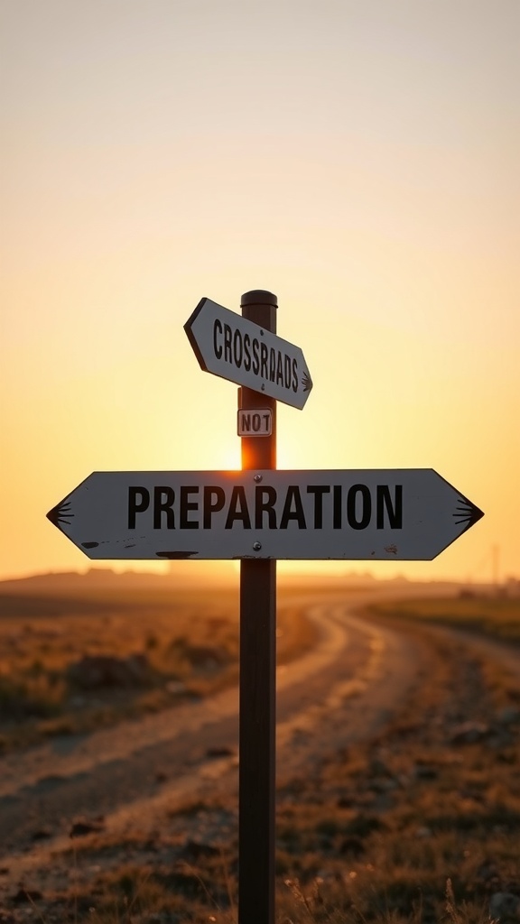 A signpost at a crossroads with one direction labeled 'Preparation' and the other 'Not.'