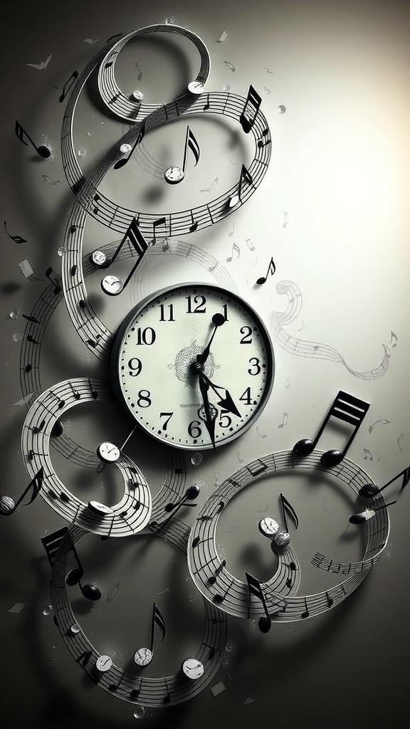 A clock surrounded by swirling musical notes, symbolizing the flow of time and the rhythm of life.