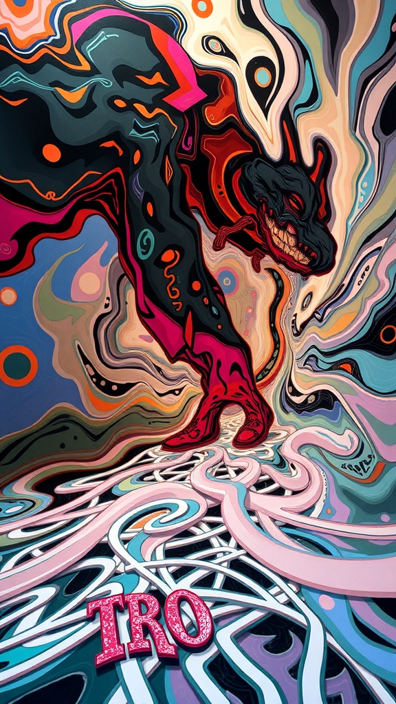 An abstract and colorful depiction of a figure in a chaotic background, representing perception and reality.