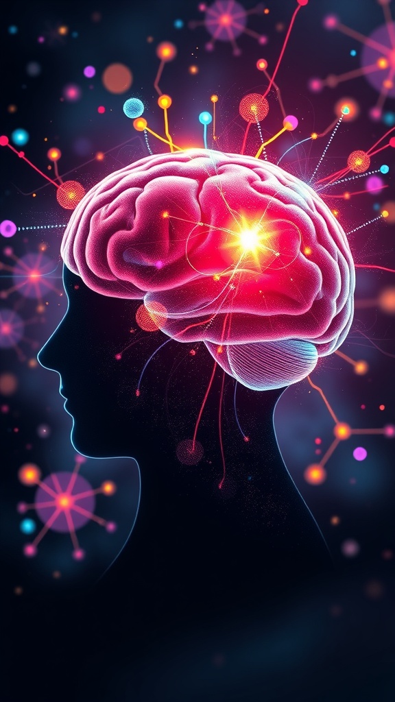 A colorful illustration of a brain with glowing connections, representing concentration and neural pathways.