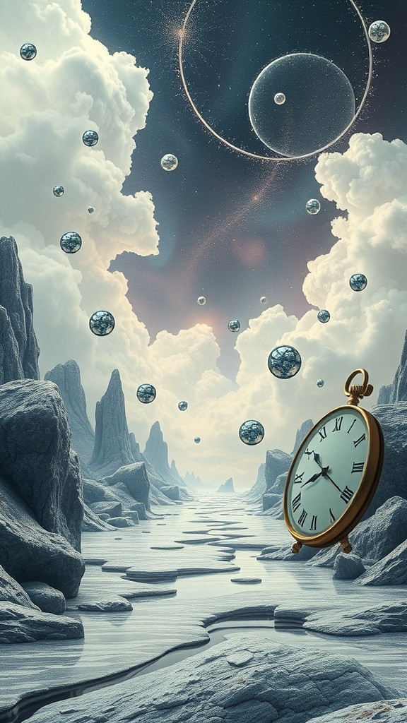 Surreal landscape featuring a floating clock, rocky formations, and ethereal clouds, symbolizing the fluidity of time in quantum mechanics.