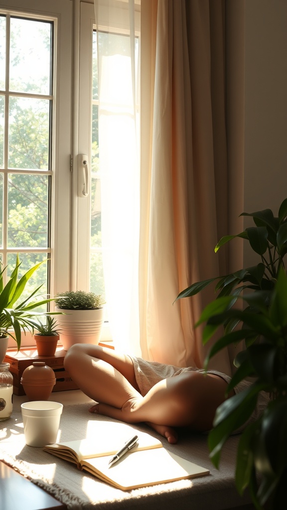 A person curled up by a sunny window with plants, a notebook, and a pen.