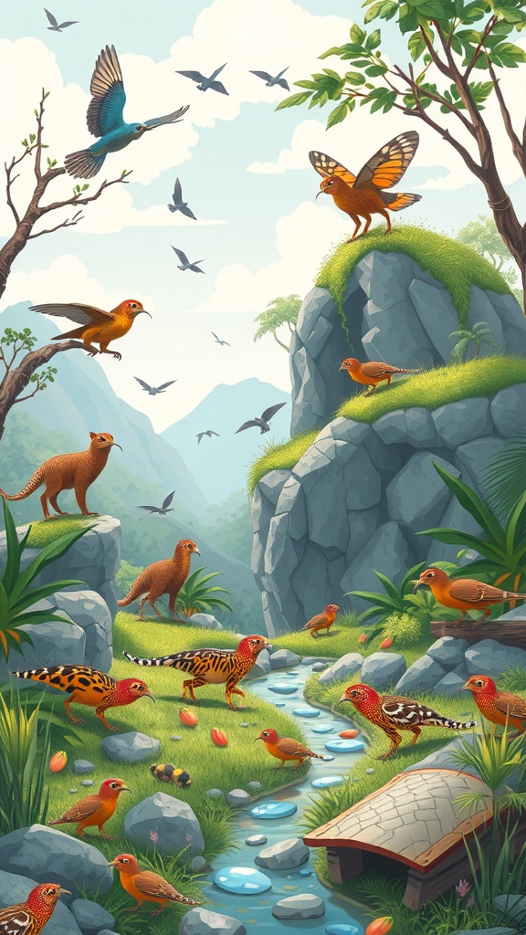 A colorful illustration of various birds in a lush landscape with rocks and a stream, symbolizing adaptation and evolution.