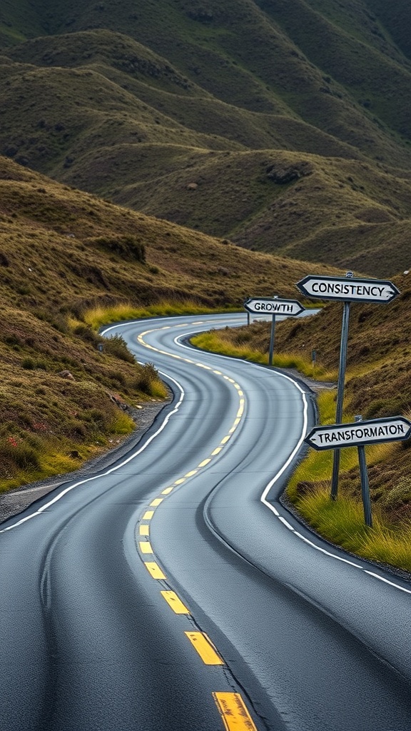 A winding road with signs pointing to Growth, Consistency, and Transformation, surrounded by hills.