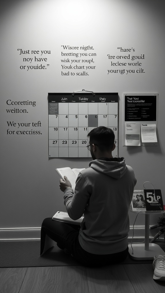A person sitting on the floor reading a book, surrounded by motivational quotes on the wall and a calendar.