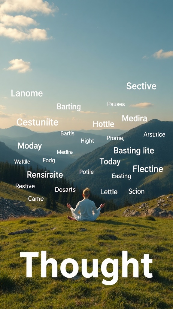 A person meditating in nature with various thoughts represented around them.