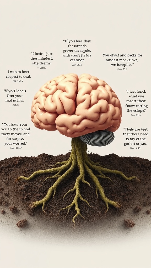 An artistic representation of a brain with roots, surrounded by quotes about mindset.
