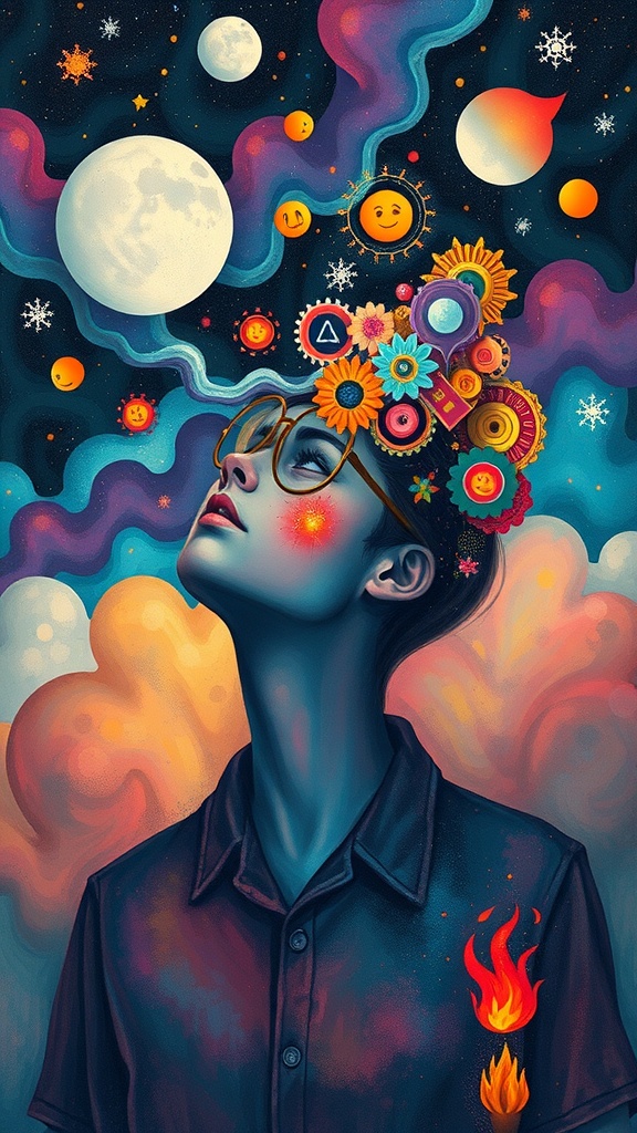 A person looking up with a colorful and imaginative mind filled with celestial symbols and flowers.