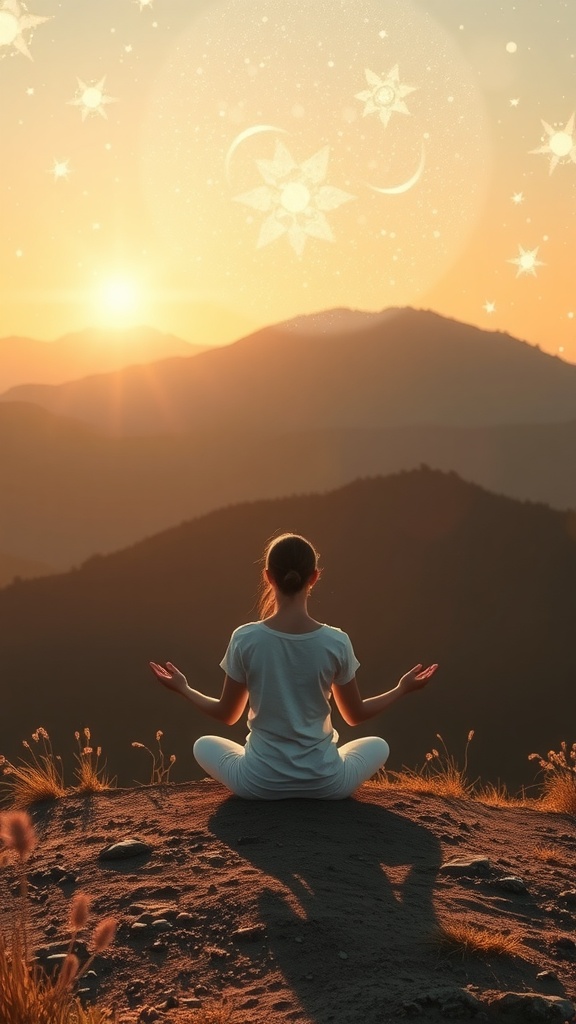 A person meditating on a mountain at sunset with stars and celestial symbols in the sky.