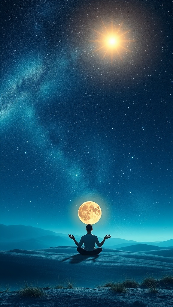 A person meditating under a starry sky with a sun and moon above.