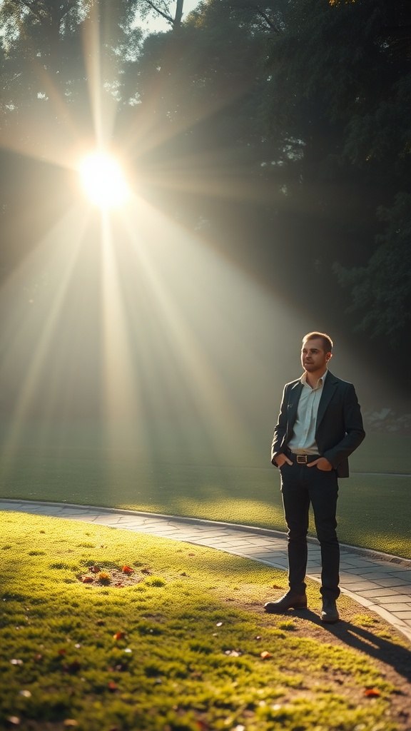 A man standing confidently in a sunlit park, symbolizing the power of intentional asking.