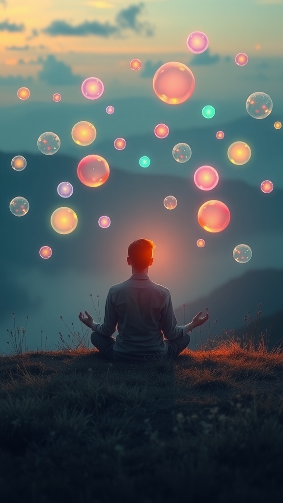 A person meditating outdoors, surrounded by colorful bubbles against a sunset backdrop.