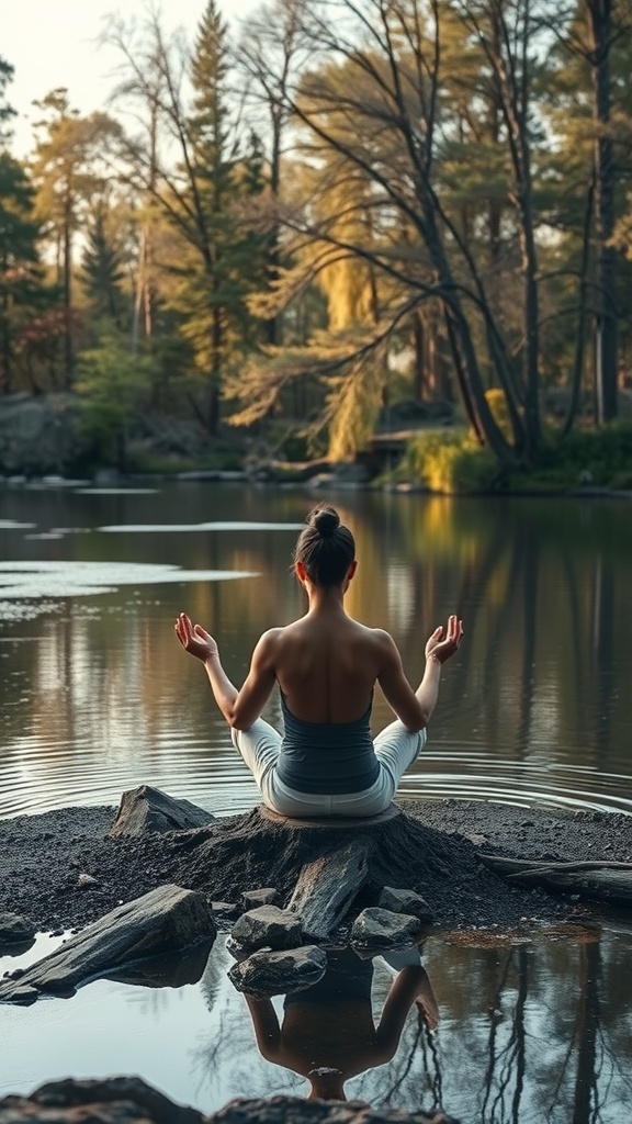 A person meditating by a calm body of water, surrounded by trees, reflecting a sense of peace and mindfulness.
