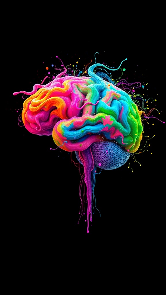 A vibrant, colorful representation of a brain with flowing colors and patterns against a black background.