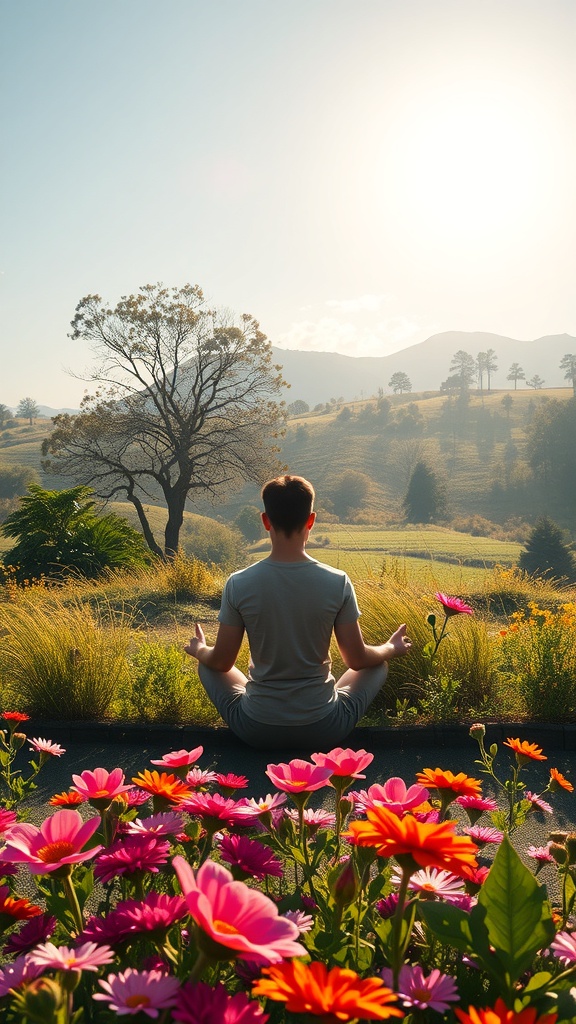 A person meditating in a flower-filled landscape with mountains and sunlight.