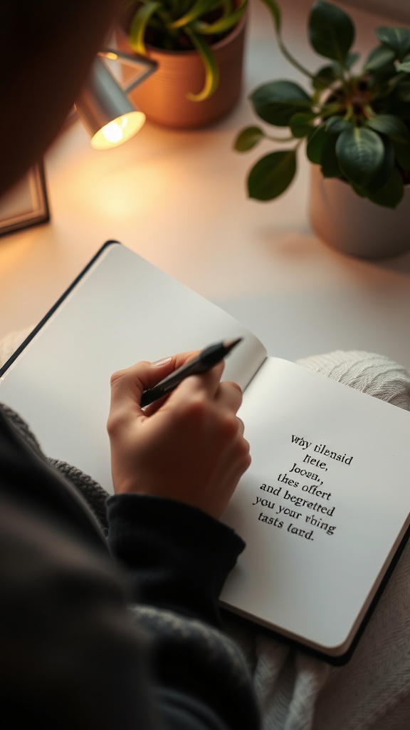 A person writing in a notebook with plants and warm lighting in the background.