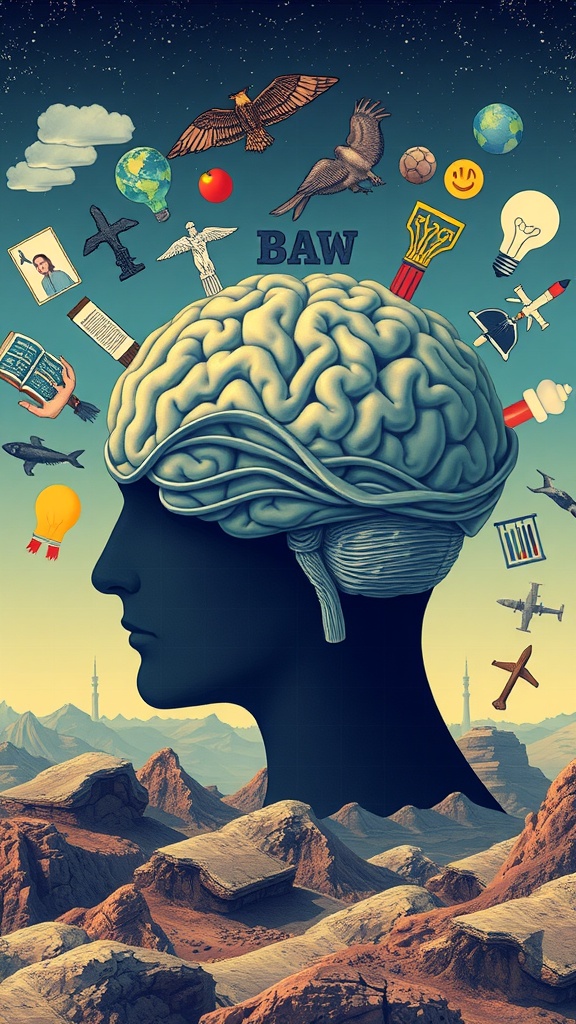 An artistic representation of a brain surrounded by various symbols, illustrating the concept of thoughts and beliefs.