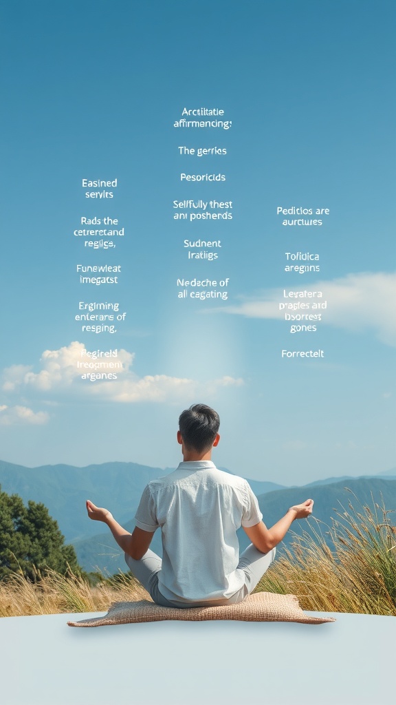 A person meditating in a serene outdoor setting with mountains in the background.