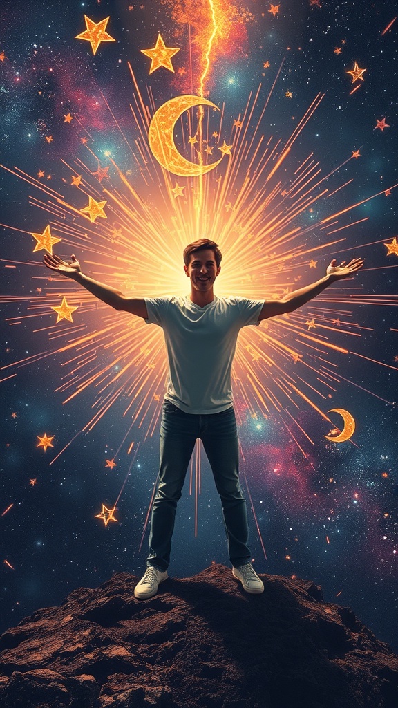 A person standing on a rocky surface with arms open, surrounded by stars and cosmic elements, symbolizing belief and potential.