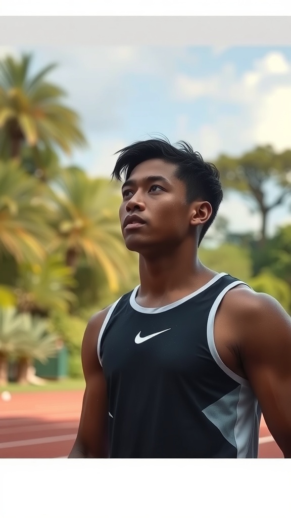 A focused athlete preparing for performance, surrounded by palm trees.
