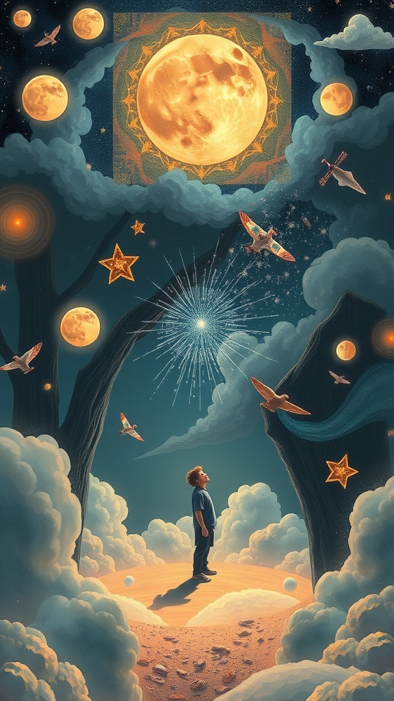 A child standing in a dream-like landscape filled with moons, stars, and flying birds, symbolizing imagination and possibility.