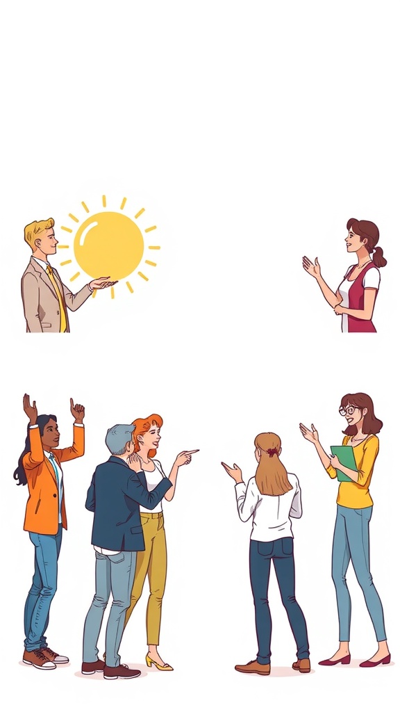 Illustration of people interacting with various body language gestures, showcasing energy and engagement.
