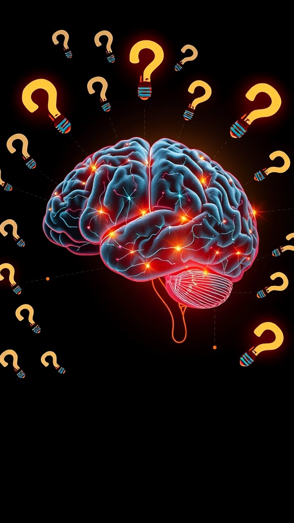 A colorful illustration of a brain surrounded by glowing question marks, symbolizing curiosity and brain development.