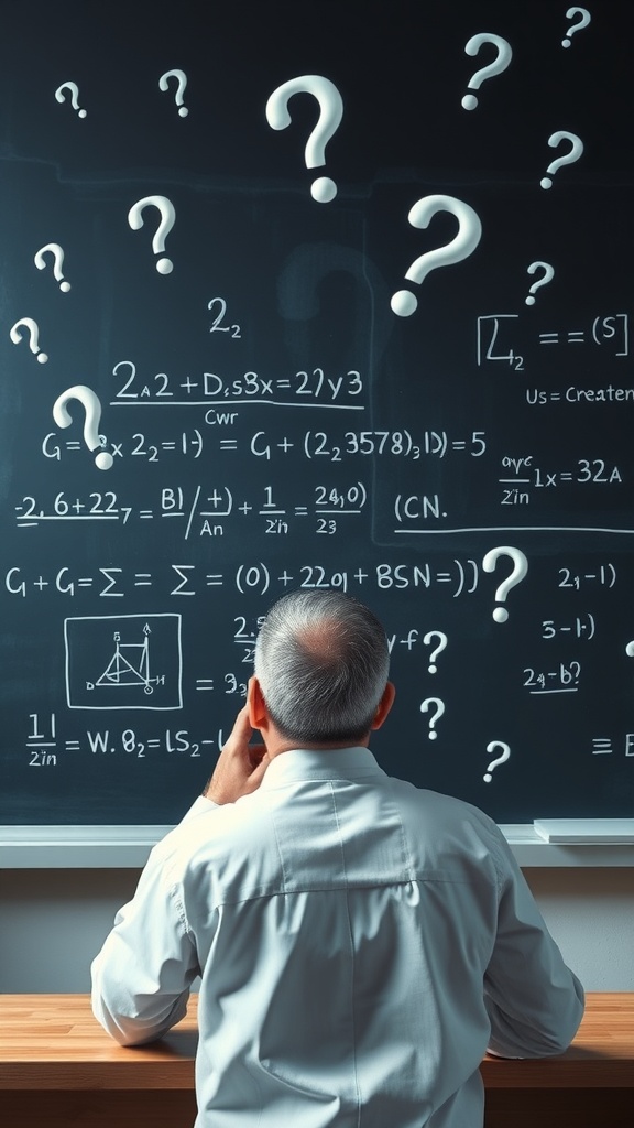 A person looking at a chalkboard filled with equations and question marks, symbolizing curiosity in quantum mechanics.