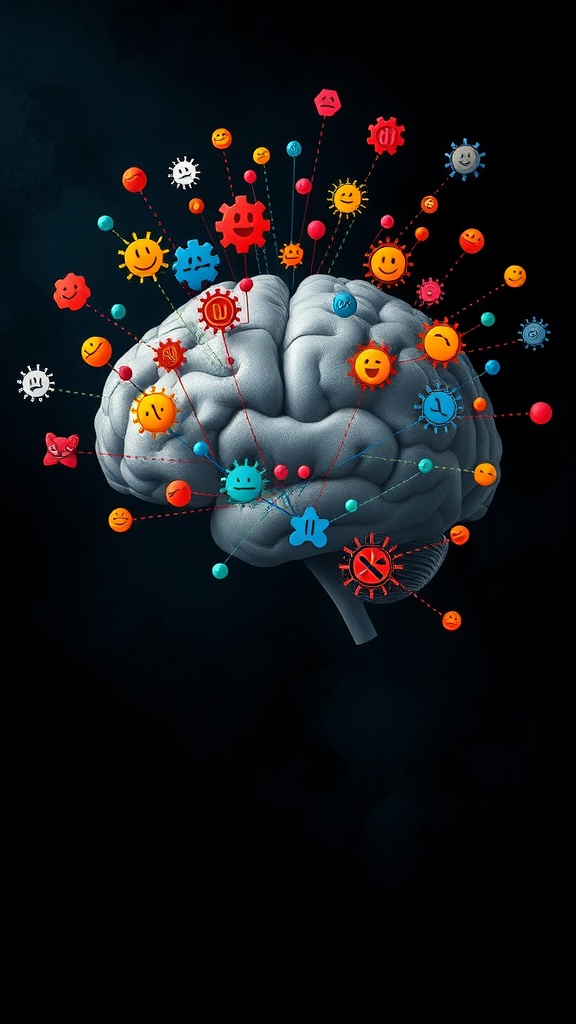 An illustration of a brain with various emoticons representing different emotions surrounding it.